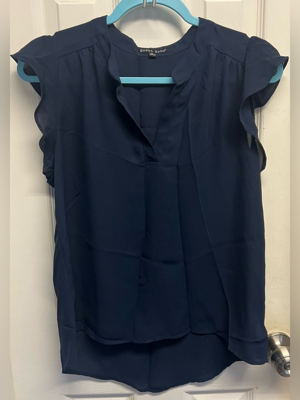 Sweet Rain Navy Ruffled Cap-Sleeve Blouse